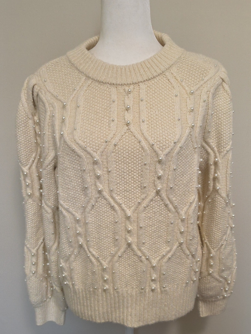 Marled Brand Cream Cable Knit Pearl Embellished Sweater - Size M